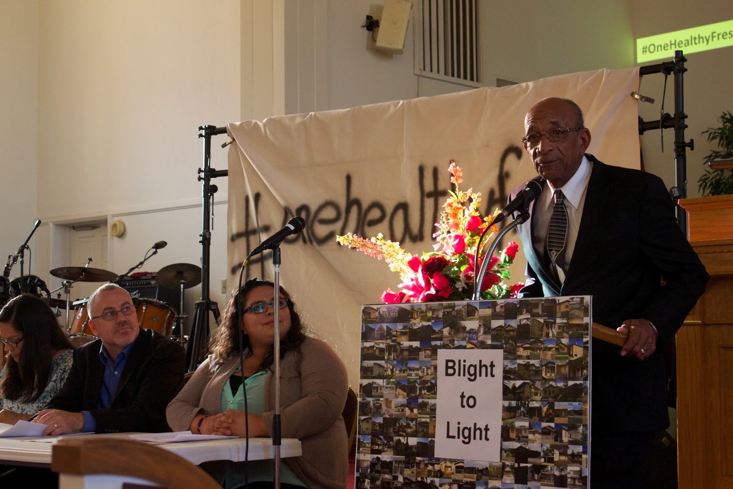 Pastor Richard Daniels addresses the crowd at last night's Blight to Light meeting. All pictures by Colby Tippett