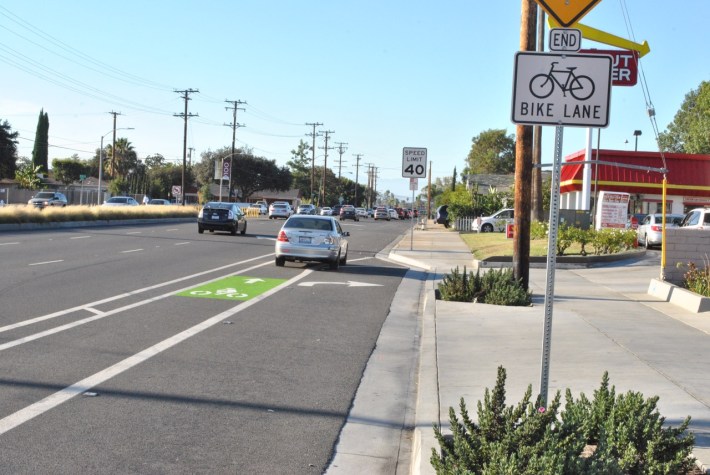 A green stripe painted on the southbound bike lane on New Hope Street in Santa Ana.