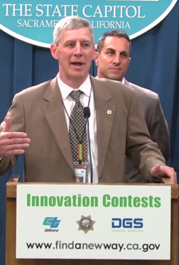 Caltrans Director Malcolm Dougherty announces Innovation Prizes for public ideas on streamlining, safety, or other ways to improve government. Assemblymember Mike Gatto is behind him.