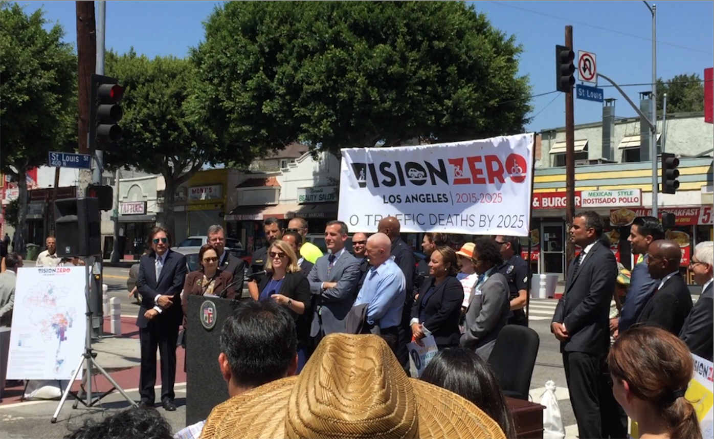 Reynolds speaks at Monday's press conference announcing the City of Los Angeles' commitment to Vision Zero. Photo: LADOT