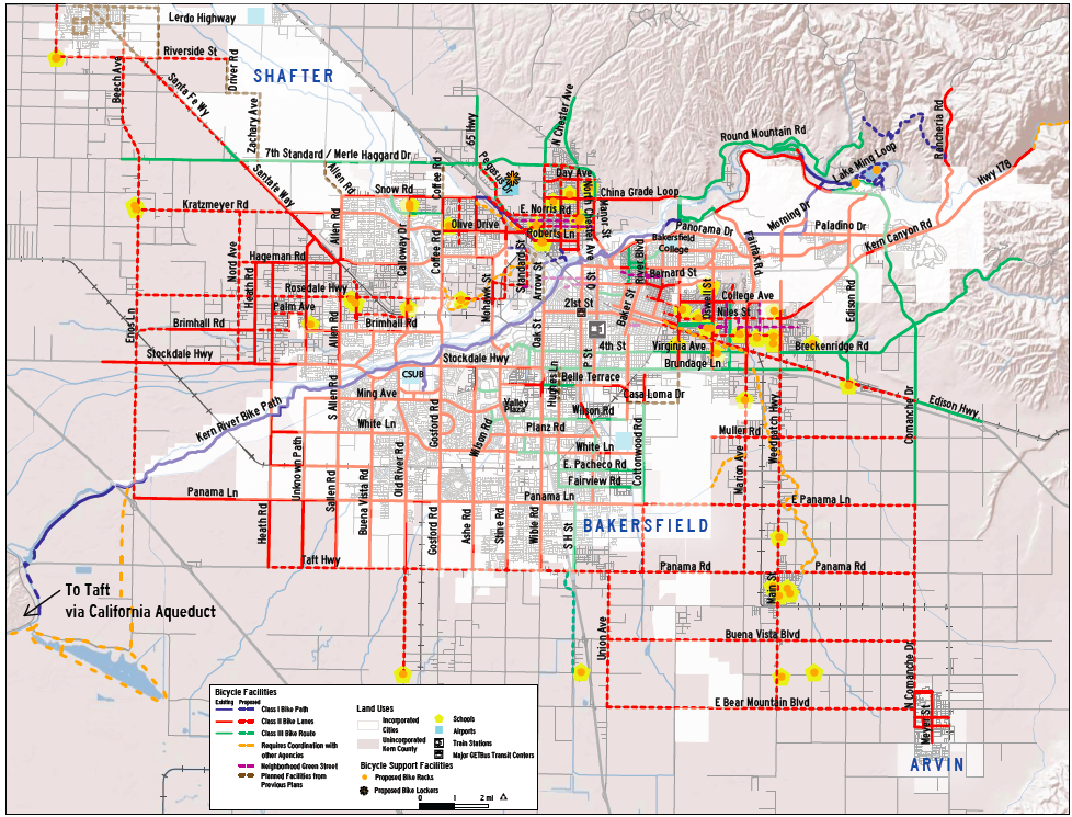 Proposed bicycle improvements in Bakersfield, from the Kern County Bicycle Master Plan