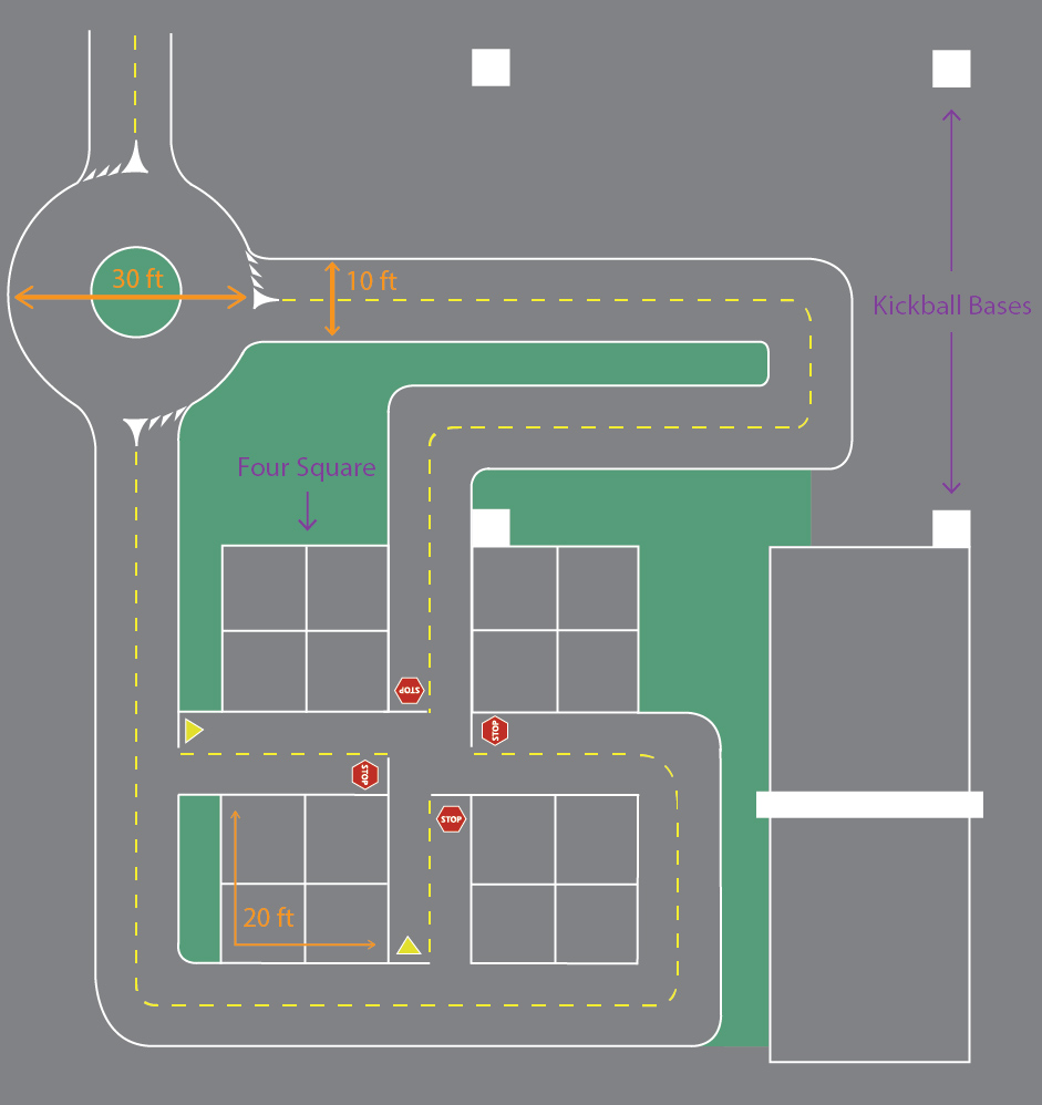 The playground's flexible design can be used for a variety of games, including kickball (white squares), foursquare, circle games, and traffic games.