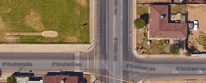 Yup, this is a pretty terrible intersection. Good for Fresno, its community leaders, and its non profit leaders for working on a fix. Image:##https://www.google.com/maps/place/S+Cedar+Ave+%26+E+Woodward+Ave,+Fresno,+CA+93702/@36.7232149,-119.7568617,17z/data=!3m1!4b1!4m2!3m1!1s0x80945fb27b8835c7:0x6acfbc1ceaf65fa4##Google Images##