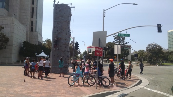 Rockwall at the corner of Civic Center Drive and Flower Street during this year's 5k/Ciclovia. Photo by Kristopher Fortin.