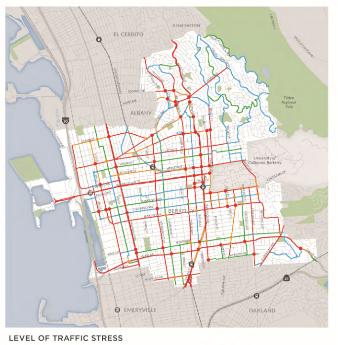 The City of Berkeley conducted a "Level of Stress Analysis" to understand better where people might feel safe riding their bikes in Berkeley. Image: Draft Berkeley Bicycle Plan