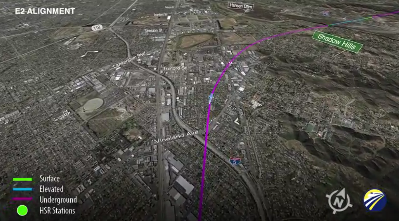 Animation of one of the proposed HSR routes through the San Gabriel Mountains. The E2 alignment has a long tunnel in the valley, under the community of Shadow Hills. Image: Screengrab from HSR Blog.