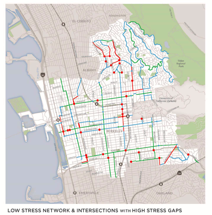 Expanding the ATP by $10M with cap-and-trade revenues could help cities like Berkeley fix gaps in their bike network, making biking and walking safer for everyone. Image from Berkeley Draft Bicycle Plan Update
