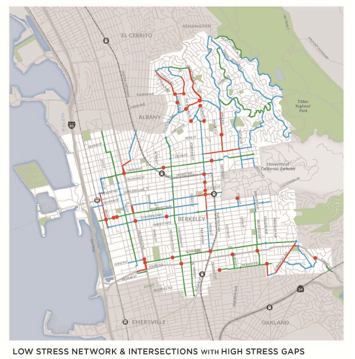 Expanding the ATP by $10M with cap-and-trade revenues could help cities like Berkeley fix gaps in their bike network, making biking and walking safer for everyone. Image from Berkeley Draft Bicycle Plan Update