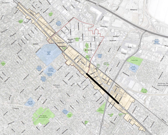 Redwood City plans to rebuild the segment of El Camino Real from between Maple and Charter streets (black line) as a Complete Street. Funds are available for design, beginning in 2018, but not construction. Image: City of Redwood City