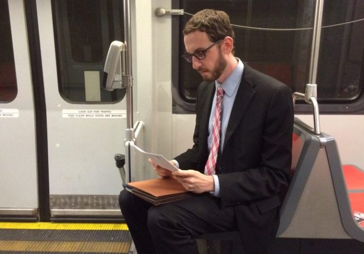 Yes, the freshman Senator uses public transportation, sometimes as a work space.