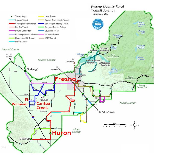 This map of transit in Fresno County shows bus stops in El Porvenir and Cantua Creek, but few know the on-demand service is available.