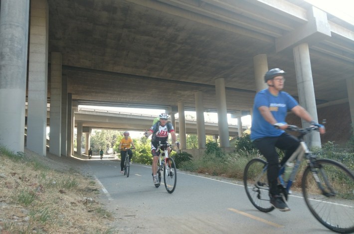 On the Santiago Creek Bike Path, crossing underneath the state Route 22.