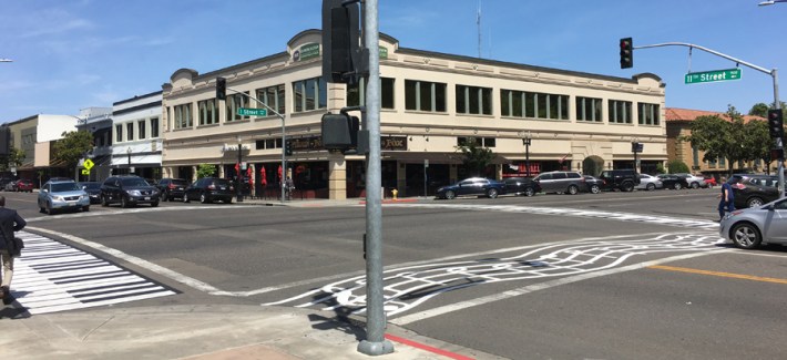 Another view of the new Modesto crosswalk art in downtown. Photo by Michael Sacuskie