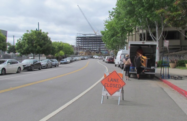 More accurate if this sign should read: Bike Lane Blocked by This Sign. Photo: Melanie Curry/Streetsblog