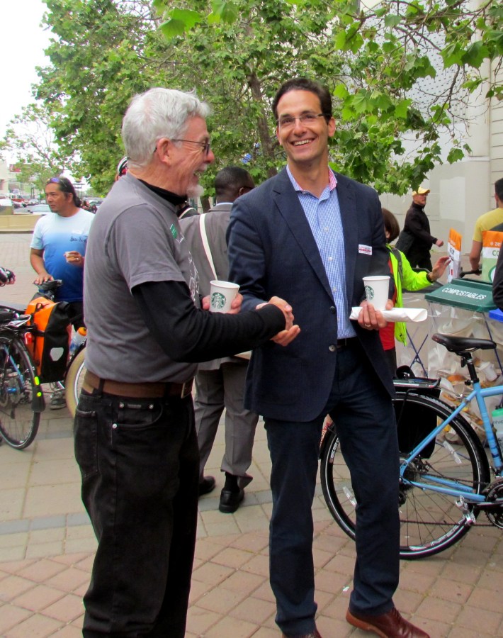 Bike East Bay Vice President Rick Rickard greets New Oakland DOT head Ryan Russo. Photo: Melanie Curry