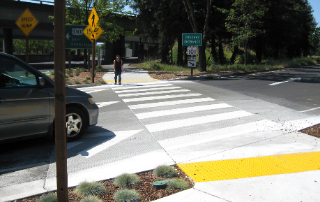 A raised crosswalk in Windsor. Image from the Caltrans Bike and Pedestrian Plan