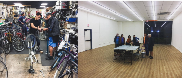 The Bicycle Tree was a victim of it's own success...too many bikes meant not enough space for work (left) the new space (right) is much larger as seen in this picture of the lease signing. Images : Heather Young, Bicycle Tree