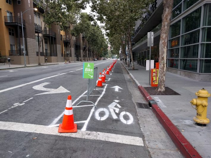 The contraflow bike lane, here protected by orange cones. Photo courtesy City of San Jose DOT.