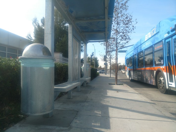 Eastbound bus stop at West 17th Street in front of Santa Ana College. Kristopher Fortin/Streetsblog CA