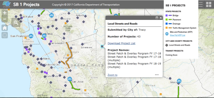 Caltrans interactive map of S.B. 1 projects, here showing a link to projects approved by the city of Tracy