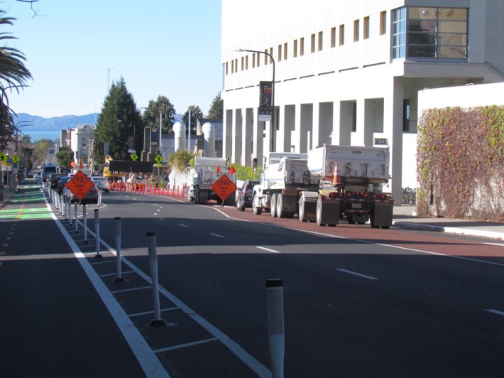 On the day these photos were taken, traffic was slowed not by a road diet but by construction, which blocked the bike lane.