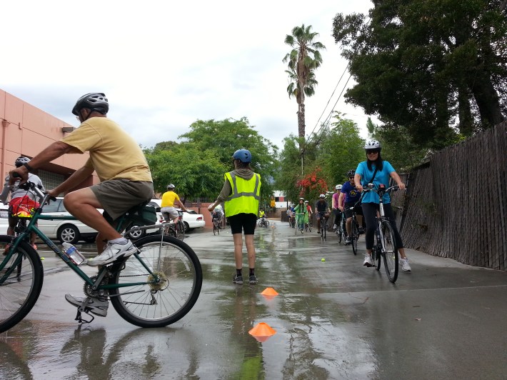 Participants in BikeSGV class practice their skills. Photo by Wes Reutimann