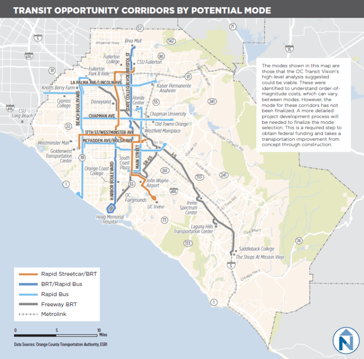 Streetcar or bus rapid transit is being proposed on Seventeenth Street/Westminster Avenue, Mcfadden and Bolsa Avenues, and portions of Harbor Boulevard and Bristol; State College Boulevard and Bristol Street, Harbor Boulevard south of Westminster Avenue are being recommended for BRT or Rapid Bus. Image: OCTA