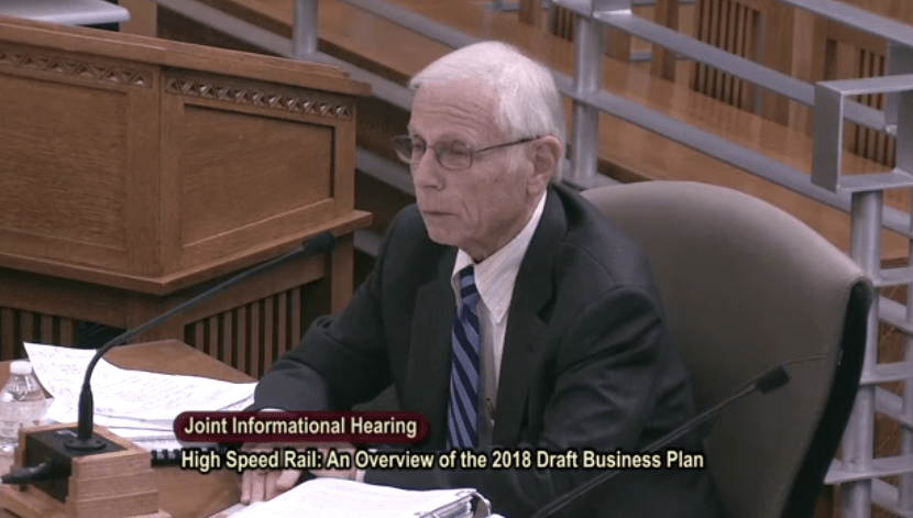 Louis Thompson of the High-Speed Rail Peer Review Group testified at a previous legislative hearing, saying what he has said so many times before.