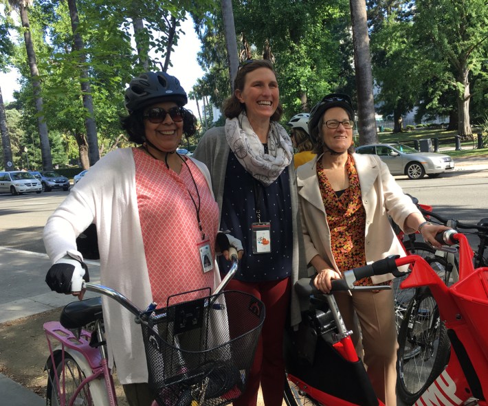 Caltrans Sustainability Office employees Joanne Valdivia, Jeannie Ward-Waller, and Ellen Greenberg before the ride.