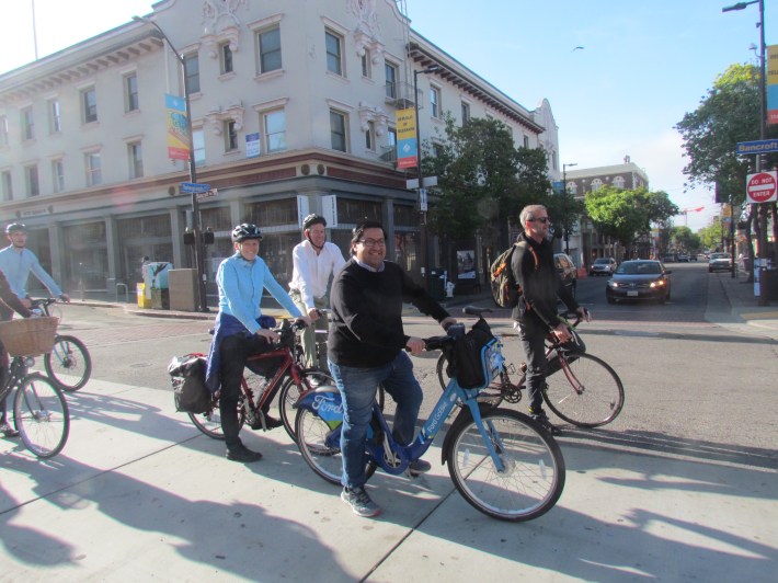 Berkeley's Mayor Jesse Arreguin (center) was joined by Dave Campbell of Bike East Bay (right) and a group of riders on a ride to downtown. Photo: Melanie Curry/Streetsblog