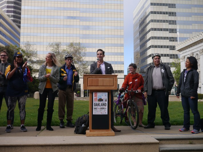 Meanwhile, Oakland's DOT head Ryan Russo addressed the crowd in downtown Oakland. Photo: Ginger Jui/Bike East Bay