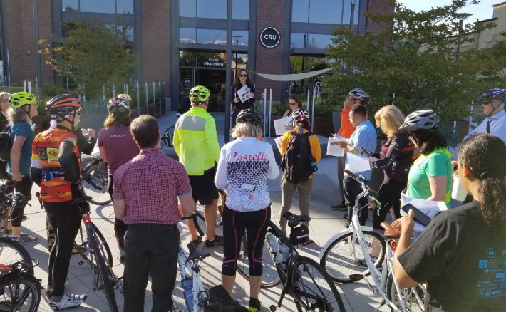 In San Mateo, the Silicon Valley Bicycle Coalition led local elected officials on a bike tour to highlight issues along the Dumbarton Rail Corridor. Photo: Chris Lepe/TransForm