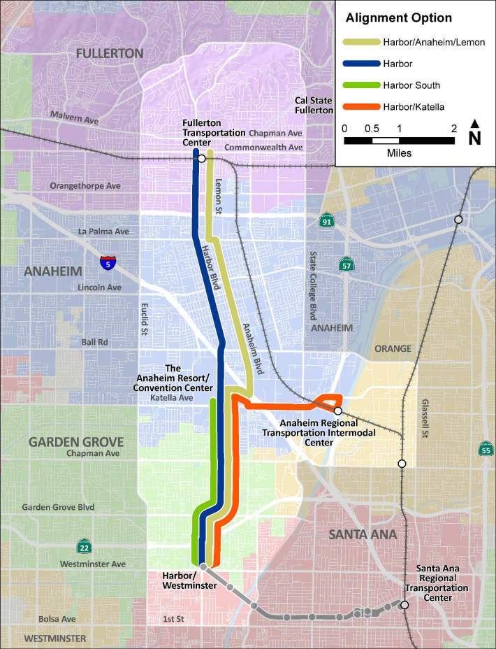 OCTA has been studying for three years the feasibility of fixed transit modes along and adjacent to Harbor Boulevard. The transit project looked at routes through Garden Grove, Anaheim, Santa Ana and Fullerton. Image: OCTA