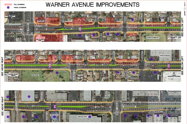 OCTA allocated $15 million in OC Go county's sales tax funds (formerly Measure M) toward the Warner Avenue Street Widening project. The funds would be used to widen Warner between Main Street and Grand Avenue. Image: City of Santa Ana