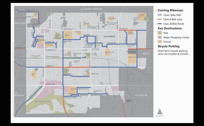 The City of La Habra passed last year it's first Bikeway Master Plan. The proposed would add to the already existing 18-mile network more than 15.2 miles. Image: City of La Habra Bikeway Master Plan