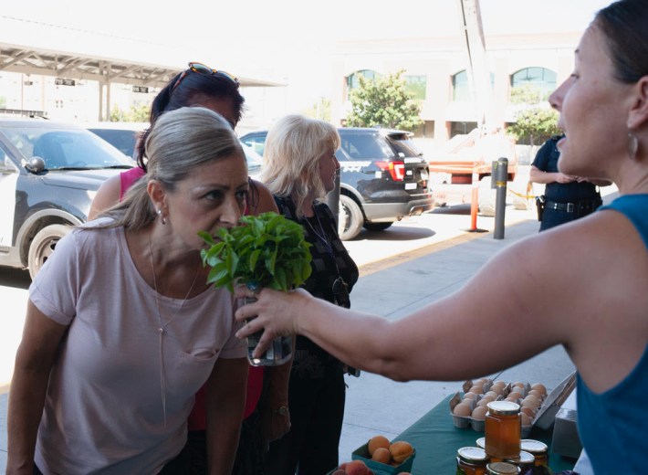 Jessica Bryant, healthy retail coordinator for PUENTES, holds out fresh basil for Cynthia Sanchez, left, to smell.