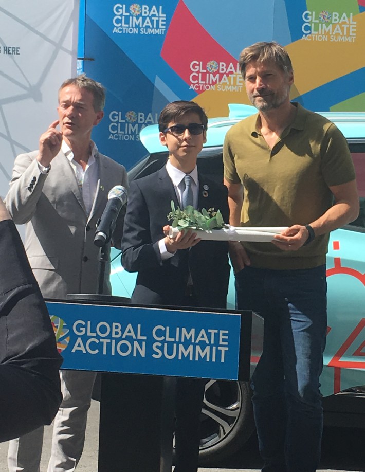 Among the celebrities at the summit was actor Nikolaj Coster-Waldau, better known as Jamie Lanister from Game of Thrones. He kicked off on the "New American Road Trip"--a tour of the U.S. via electric vehicle