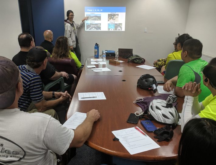 Students discuss different kinds of bike lanes in BikeSGV's City Cycling classes. Photo courtesy BikeSGV