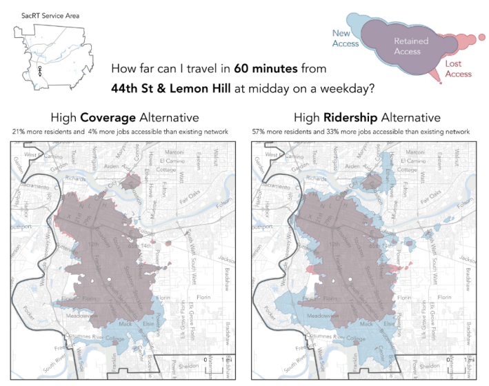 Isochrones illustrate the trade-offs between coverage and frequency at several specific locations; this one shows what would happen at 44th and Lemon Hill. Image: SacRT Forward