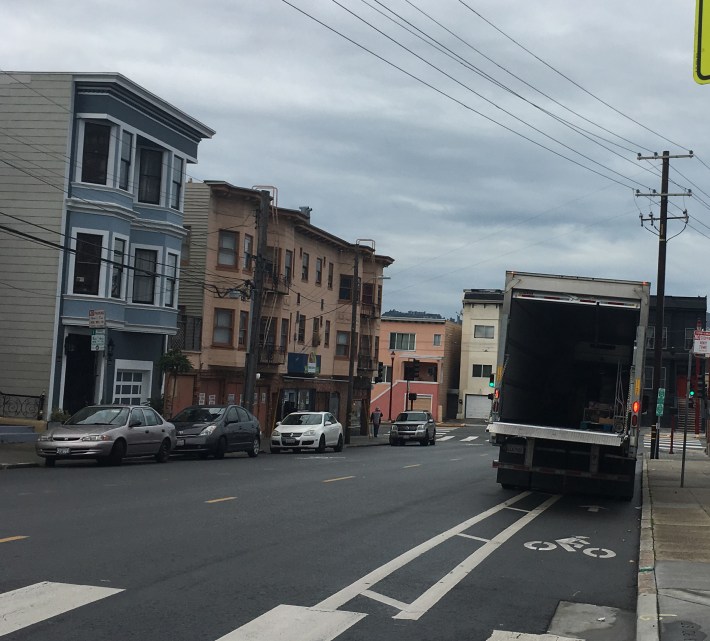 Meanwhile, outside the hospital, the bike lane didn't exist for this truck driver. Photo: Melanie Curry/Streetsblog