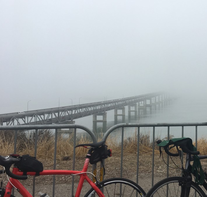 The bridge was invisible in the fog. Photo by Melanie Curry/Streetsblog
