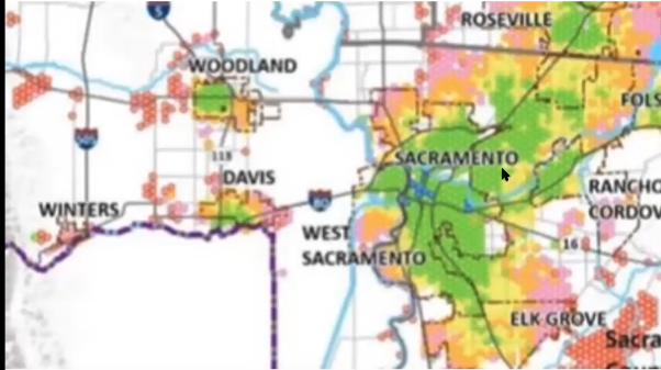 In the Sacramento Region, many areas (in green) would no longer have to do any traffic analysis under CEQA. Image: OPR