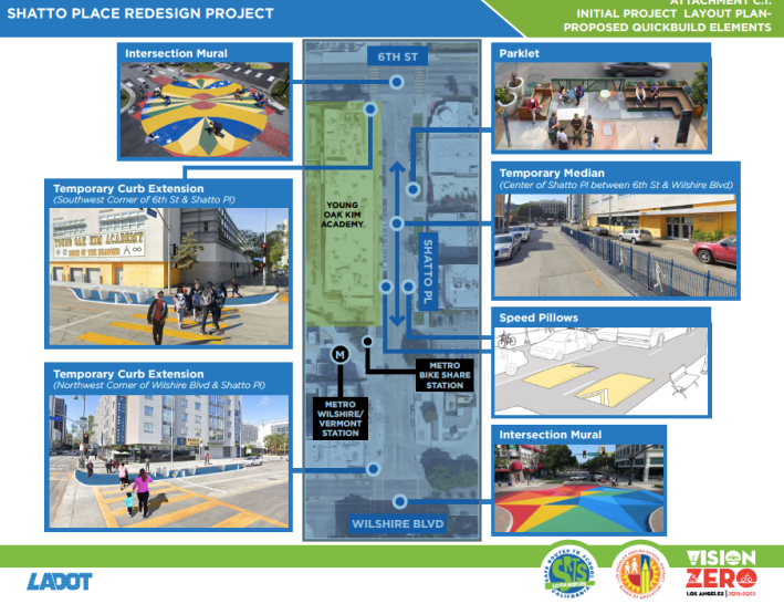 A fact sheet on potential safety fixes from the ATP quick-build project on Shatto Plaza. Image courtesy City of L.A.