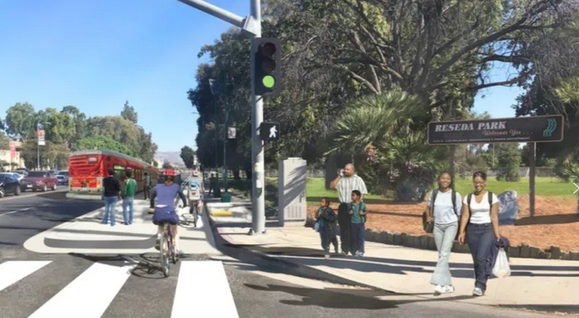 artist rendering of people walking, biking along curb-protected bike lane, with bus