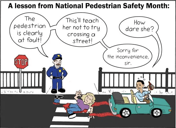 Cartoon cop scolds dead pedestrian