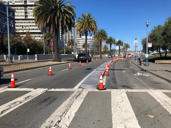Bike lane marked off by cones