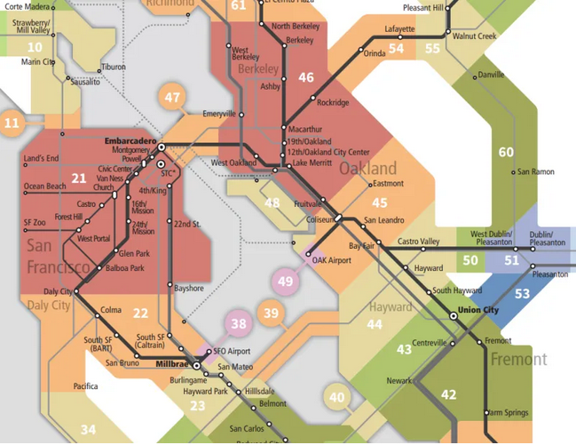 map of Bay Area transit showing hypthetical fare zones