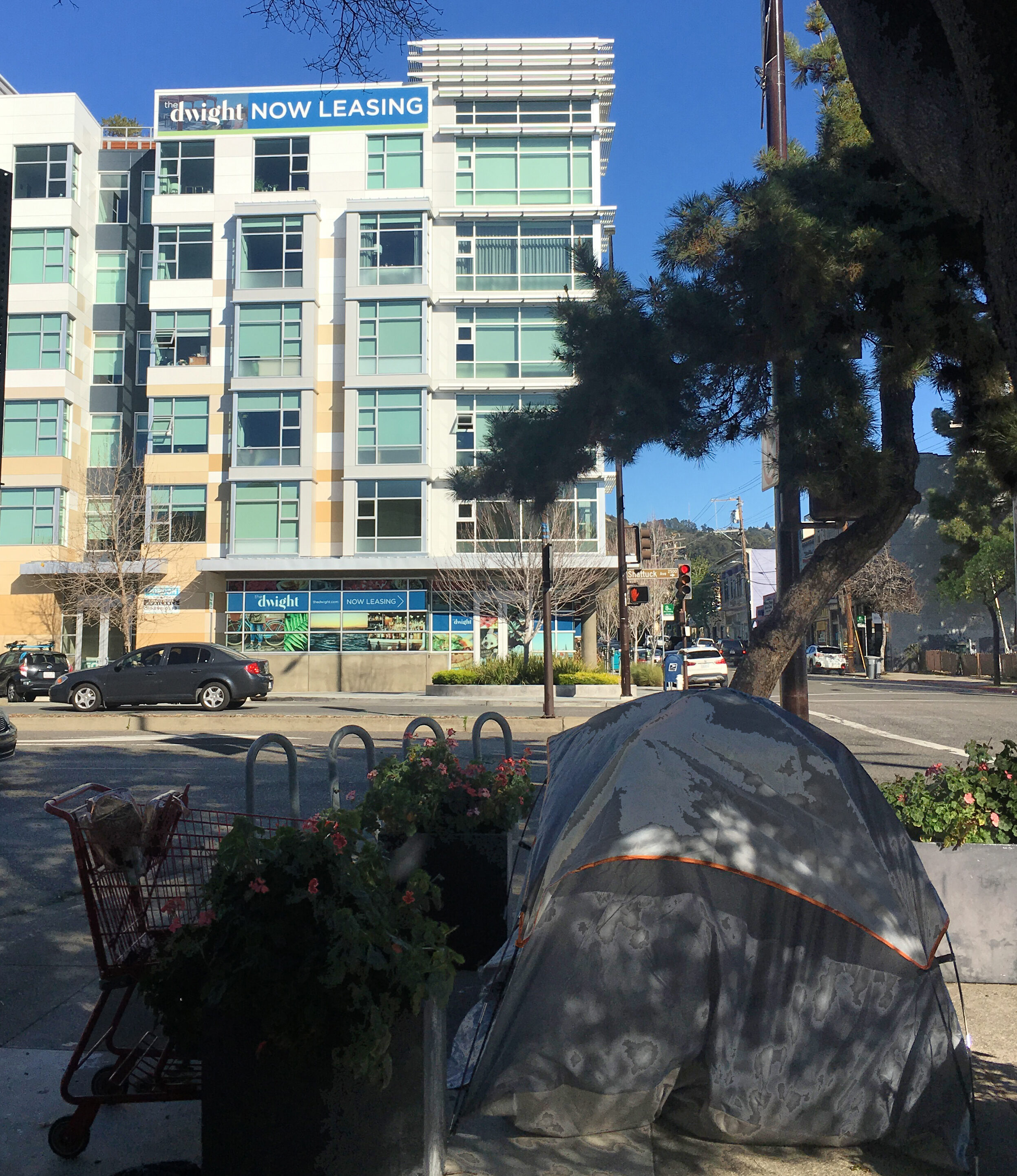 Sign atop a building reads "The Dwight: Now Leasing." In foreground, a tent set up on the sidewalk next to a shopping cart, surrounded by flowers