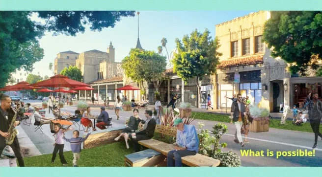 Rendering of potential 6th St plaza, with people sittin gon benches, walking, etc