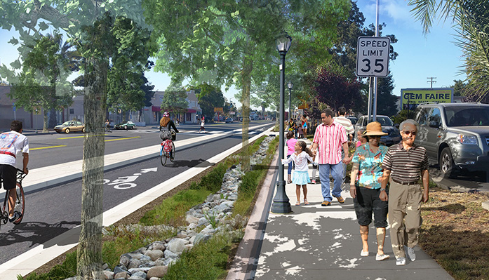 Separated bike lane, trees, bioswale; people walking and biking